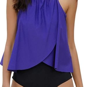 NWT Women's Ruffled One Piece Swimsuits High Neck Block Monokini